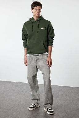 Haki Oversize/Genis Kesim Nak?sl? Ici Polarl? Kapusonlu Sweatshirt TMNAW25SW00016