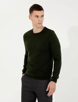 Koyu Ye_il Slim Fit Bisiklet Yaka Basic Triko Kazak