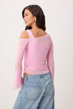 Ac?k Pembe Fitted/Vucuda Oturan Asimetrik Yaka Cift Gorunumlu Buzgulu Tul Orme Bluz TWOSS26BZ00071