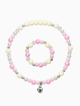 Набор детский «Выбражулька» 2 предмета: бусы, браслет d=6 см. сердце, розовый в серебре