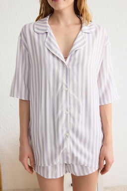 Trendyolmilla Pembe Cizgili Viskon Ustu Genis Kal?p Sortlu Dokuma Pijama Tak?m? THMSS21PT0179  фото 24