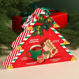 Подарочный набор Новогодняя почта в коробке-ёлке: чай чёрный со вкусом: яблочный штрудель 20 г., крем-мёд с клубникой и лесным орехом 60 г (2 шт. х 30 г)., молочный шоколад 27 г. - Фабрика счастья фото 6