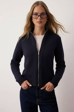 Lacivert Fermuarl? Yun Kar?s?ml? Dik Yaka Yumusak Dokulu Triko H?rka TWOAW26HI00027