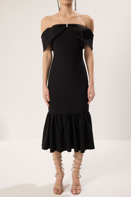 Siyah A-Kesim Carmen Yaka Fiyonklu Dokuma Midi S?k Abiye Gece Mezuiyet Elbisesi TPRSS25EL00213 - Trendyolmilla фото 3