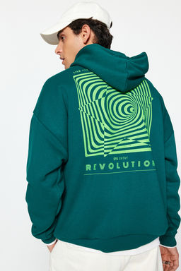 TRENDYOL MAN Siyah Oversize/Genis Kesim Kapusonlu Labirent Bask? Polar Pamuk Sweatshirt TMNAW24SW00201