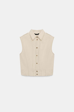 TOP CON LINO MANGA SISA / Beige claro