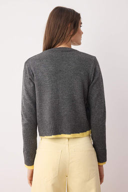 Gri Crop Renk Bloklu V Yaka Yumusak Dokulu Triko H?rka TWOAW26HI00069 - Trendyolmilla фото 4