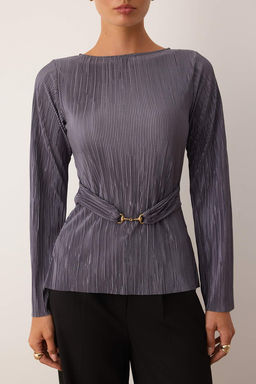 Antrasit Fitted/Vucuda Oturan Aksesuar Detayl? Pilise Dik Yaka Esnek Orme Bluz TWOAW26BZ00112 - Trendyolmilla фото 3