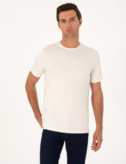 Ekru Regular Fit Bask_l_ Bisiklet Yaka T-shirt