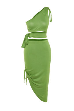 Plaj Giyim Kahverengi Orme Buzgulu Tek Omuz Bluz-Etek Tak?m TBESS22AU0224 - Trendyolmilla фото 14