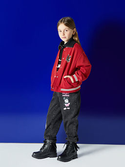 Mom Fit Minnie ve Mickey Mouse Bask?l? K?z ?ocuk Jean Pantolon