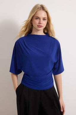 Saks Fitted/Vucuda Oturan Kay?k Yaka Yarasa Kol K?sa Kollu Esnek Orme Bluz TWOSS26BZ00020