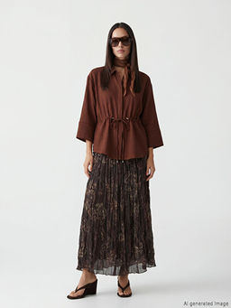 Beli Lastikli Desenli Pileli Etek