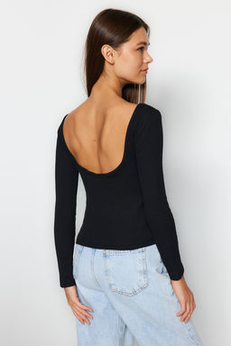 Trendyolmilla Siyah S?rt Dekolteli Fitted/Vucuda Oturan Fitilli Esnek Orme Bluz TWOAW24BZ00105  фото 5