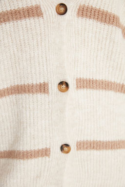 Ekru Genis Kal?p Yumusak Dokulu Cizgili Triko H?rka TWOAW23HI00191