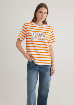 Mavi Logo Bask?l? Cizgili Turuncu Tisort фото 2