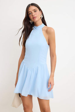 Ac?k Mavi Duz Sifon Astarl? K?sa / Mini Dokuma Elbise TWOSS26EL00228