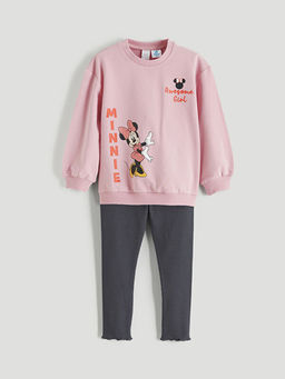 Bisiklet Yaka Minnie Mouse Bask?l? K?z Bebek Sweatshirt ve Tayt