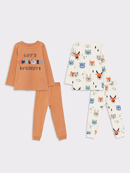 Bisiklet Yaka Uzun Kollu Bask?l? Pamuklu Erkek Bebek 2li Pijama Tak?m?