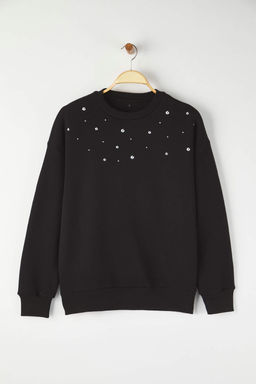 Siyah Oversize/Genis Kal?p Tas Islemeli Kal?n Ici Polarl? Orme Sweatshirt TWOAW26SW00067