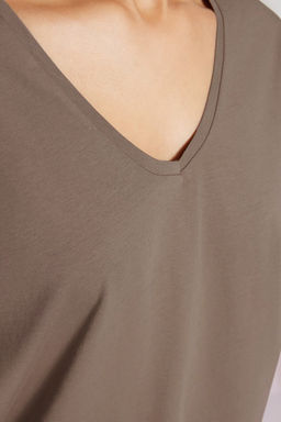 Vizon %100 Pamuk Oversize/Genis Kal?p V Yaka Orme T-Shirt TWOSS23TS00003