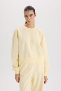 Boxy Fit Bisiklet Yaka Basic Duz Kal?n Sweatshirt