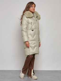 Пальто утепленное с капюшоном зимнее женское светло-зеленого 13305ZS - Visdeer фото 3