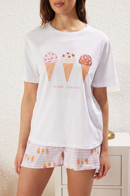 Trendyolmilla Beyaz %100 Pamuklu Dondurma Bask?l? Sortlu Orme Pijama Tak?m? THMSS25PT00276  фото 4