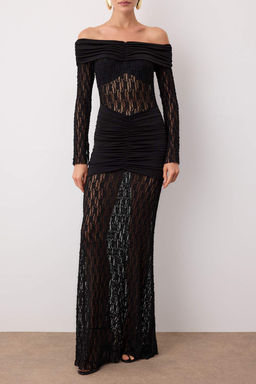 Siyah Bal?k Form Carmen Yaka Dantel Orme S?k Maxi Abiye Gece Mezuniyet Elbisesi TPRAW26AE00016 - Trendyolmilla фото 3