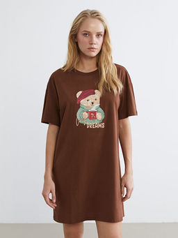 Bisiklet Yaka Ay? Bask?l? Kad?n Gecelik