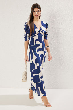 Lacivert Geometrik Desenli A Kesim Midi Viskon Dokuma Elbise TWOSS25EL00314