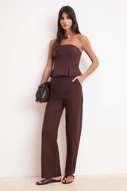 Kahverengi Peplum Bluz Duz Paca Pantolon Papertouch Dokuma Alt - Ust Tak?m TWOSS26AU00107 - Trendyolmilla фото 2