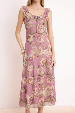 Cok Renkli Cicekli A-Kesim/Can Form Havuz Yaka Volanl?/F?rf?rl? Midi Tul Orme Elbise TWOSS26EL00018 - Trendyolmilla фото 3