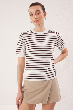 Trendyolmilla Ekru Cizgili Basic Viskon Kar?s?ml? Triko Ince Bluz TWOSS25BZ00488  фото 6