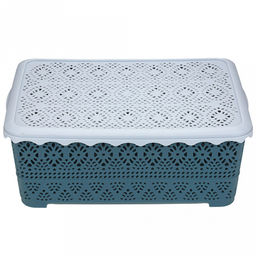 "Домашняя мода" Корзина пластмассовая для хранения "Вышивка" 34х25см h12,5см, матовый пластик, с серой крышкой, с ручками, синий (Китай)