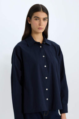 Oversize Genis Kal?p Poplin Basic Duz Uzun Kollu Gomlek - Defacto фото 5