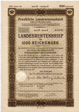 Облигация 4,5% 1000 рейхсмарок 1937 года Германия