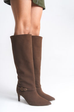 Kahverengi Premium Cift Kullan?ml? Kemer Detayl? Suet Kad?n 6,5 cm Topuklu Bot&Cizme TAKAW26BO00092