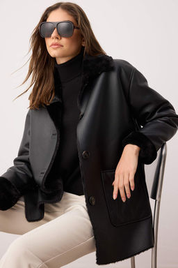 Siyah Suni Deri Ici Kurklu Mono Kapama Oversize Midi Kaban TWOAW26KB00007