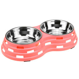 Миска для кормления животных из нержавеющей стали Обед 0,45л, д14см h4см, 2 штуки на пластмассовой подставке 33,5х18х6см, цвета микс (Китай)