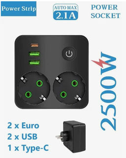 Тройник (с двумя розетками) черный с 2USB+1Type-c с 5-ю отверстиями 1-выключатель 2500 Вт-3600 Вт