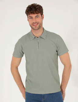 Haki Slim Fit Fermuarl_ Polo Yaka Ti__rt