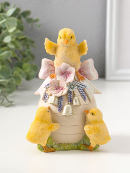 Фигурка полистоун Цыплята с яичком с розовыми цветами и колокольчиками, 15 см