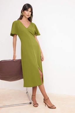 Yag Yesil Bodycon V Yaka Melek Kol K?sa Kollu Krep Orme Elbise TWOSS26EL00471