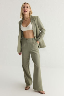 TRENDYOLMILLA Haki Keten Gorunumlu Wide Leg/Genis Paca Dokuma Pantolon TWOSS25PL00018