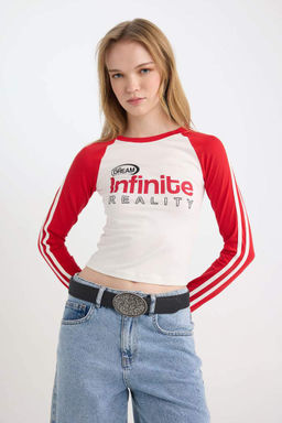 Приталенная футболка приталенного кроя с круглым вырезом и длинными рукавами с принтом - Defacto фото 4