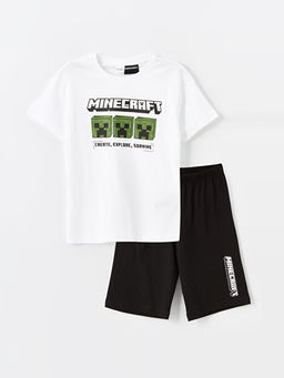 Bisiklet Yaka Minecraft Bask?l? Erkek ?ocuk ?ortlu Pijama Tak?m?