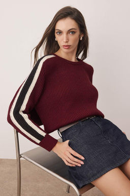 Bordo Renk Bloklu Genis Kal?p Triko Kazak TWOAW26KZ00115