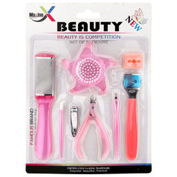 Педикюрный набор 8 предметов: кусачки-книпсер; терка двусторонняя: наждачная, металлическая; станок (скребок) с лезвием; сменные лезвия - 3 штуки; триммер; кусачки-щипчики; пушер-лопатка для кутикулы; щетка, цвета в ассортименте: розовый, голубой, в