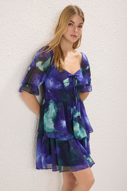 Mor Cicekli Belden Ac?lan Gipeli Kalp Yaka Mini Astarl? Dokuma Elbise TWOSS22EL2772